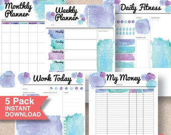 Planner Weekly. Printable planner pages pack: Monthly, Weekly, Daily Fitness, Work & Money Tracker. A5, A4, Letter and Half Page | #584