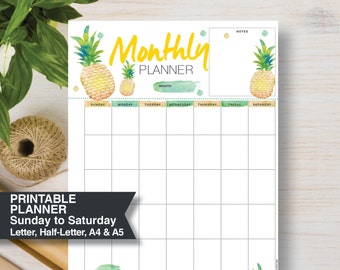 MONTHLY Sunday start Printable Planner. Goal and success planner. Includes 4 sizes including A5. See monthly section for Mon start | #621