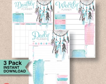 Dream Catcher printable planner pack. Feather boho planner organizer inserts. Includes sizes Letter, Half Letter, A4 & A5. Monday Start|#595