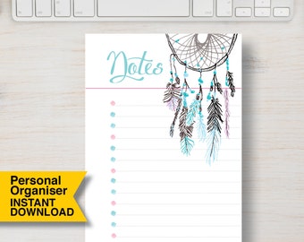 PERSONAL SIZE NOTES Planner Insert Printable. Dream Catcher Feather Boho Printable Planner. 3.75" x 6.75" (95mm x 171mm) | #700