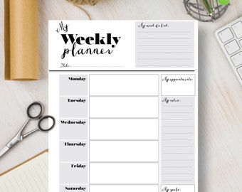 WEEKLY Instant Download Printable Planner Weekly Portrait Page. Black and White Weekly Planner Download A4 & Letter | #525