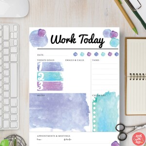 WORK TODAY Blue Watercolor, Printable Daily Work Planner Inserts Pack: A4, Double A5, Letter & Double Half Sizes.  Bullet planner | #547