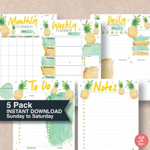 Planner Pack - Pineapple Sunday to Saturday start printable page inserts. Yellow and green summer organisers. Unique Gift for Mom | #626