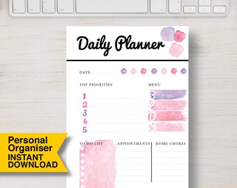 PERSONAL SIZE Daily Planner Printable Pink. Watercolor Planner. Filofax Personal. Planner Insert. Size = 3.75" x 6.75" (95mm x 171mm) | #719