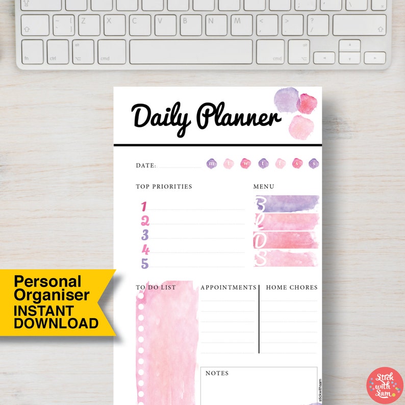 Bujo Insert. Pink Daily Planner Printable. Watercolor Planner. Filofax