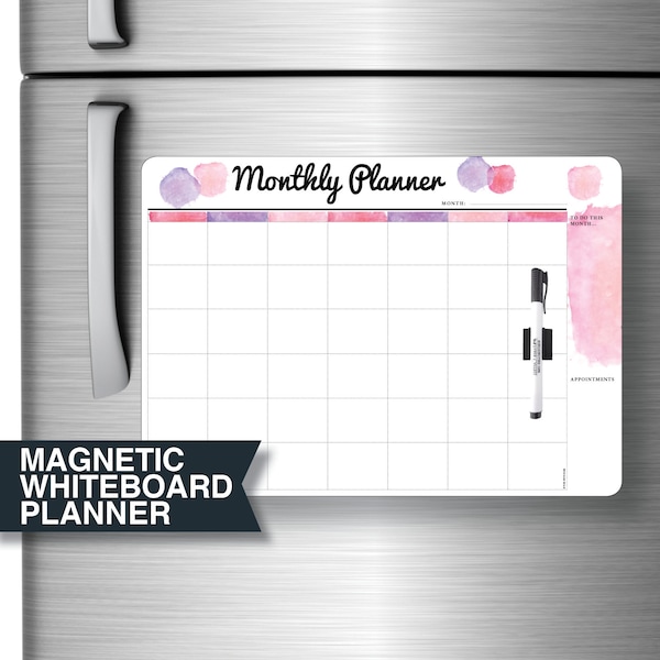 Magnet Réfrigérateur Tableau blanc Rose Planificateur mensuel | Le dos est entièrement flexible magnétique | Grand A3: 42cm x 30cm. Comprend Marker & Clip | #3010/3003