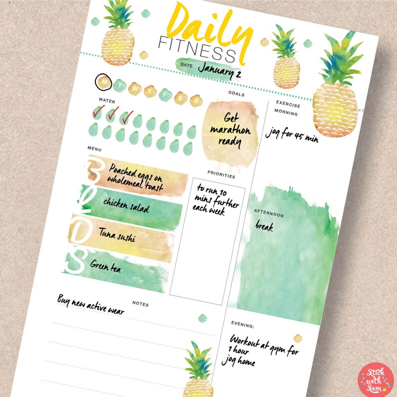 FITNESS Planner. Pineapple fitness printable. Daily fitness agenda includes sizes A4, A5, Letter & Half Letter. Fitness organizer ll617 image 2