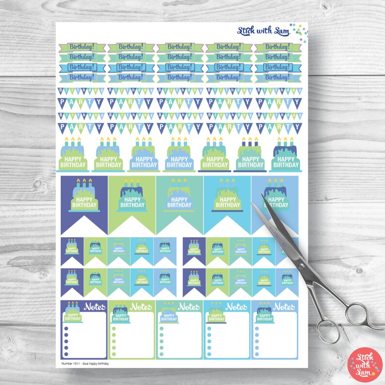 planner pdf printable diary stickers happy birthday blue etsy