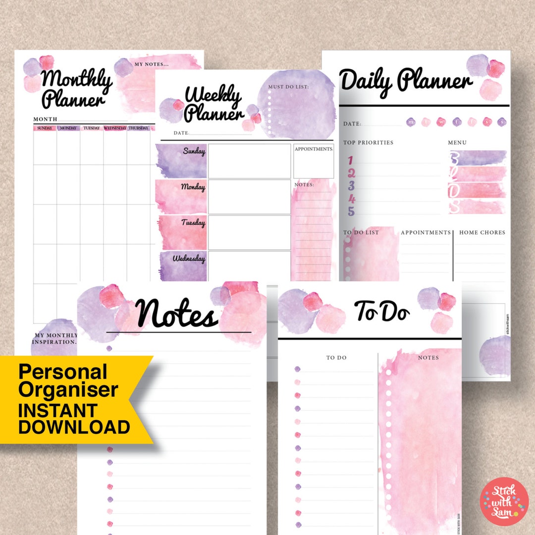 PERSONAL SIZE Printable Planner. Pink Watercolor Insert That Fits