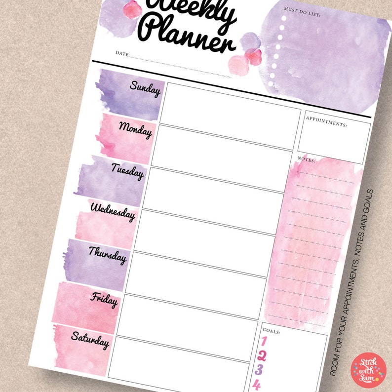 weekly agenda pink printable planner sunday to saturday