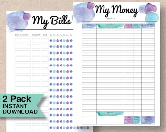 Finance Printable Planner Pack. Instant Printable 2 pack, My Bills and My Money includes 4 sizes: A5, A4, Half Letter & Letter | #578
