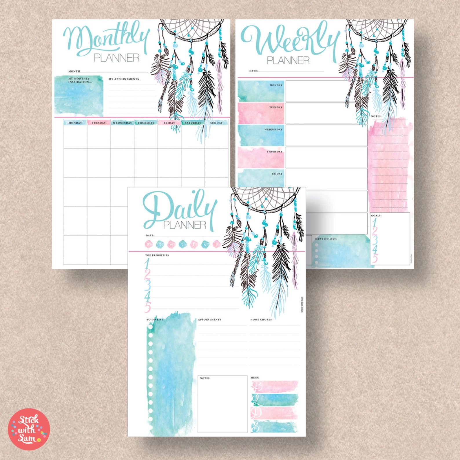 Dream Catcher Printable Planner Pack. Feather Boho Planner | Etsy