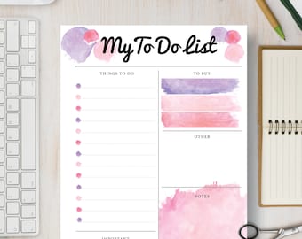 Page Insert Pink Watercolor. "My To Do List" Organiser PDF Binder Planner. A4, A5, Letter & Half Letter sizes. Fits many planners | #594