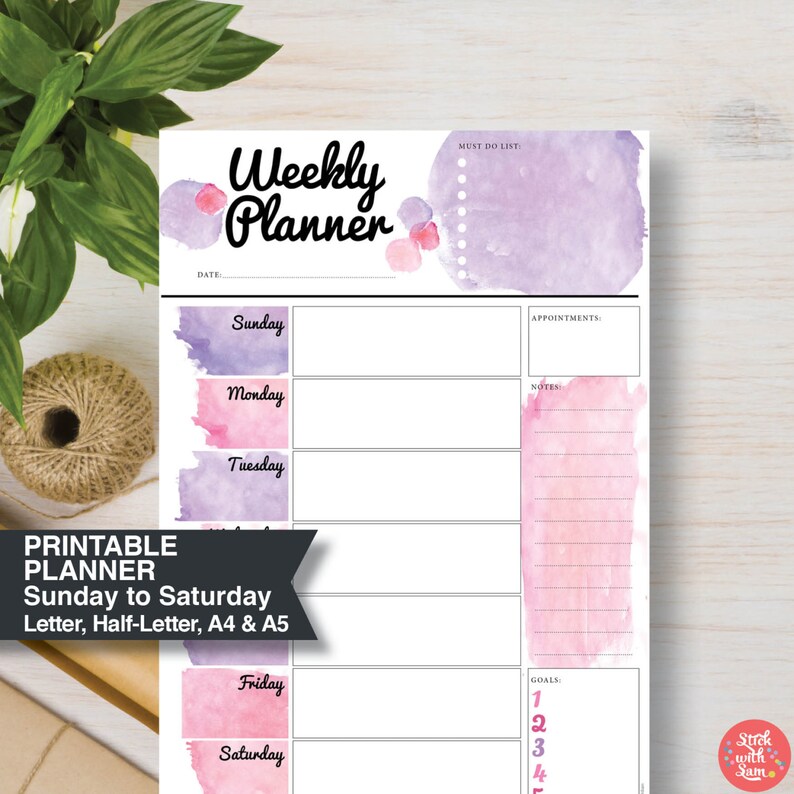 weekly agenda pink printable planner sunday to saturday etsy