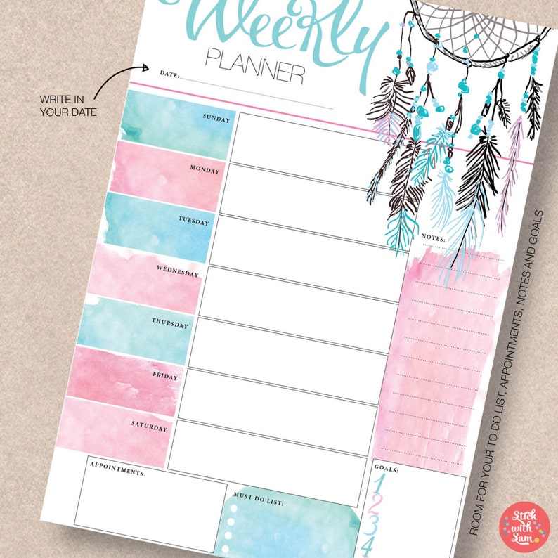 weekly printable planner insert sunday to saturday start