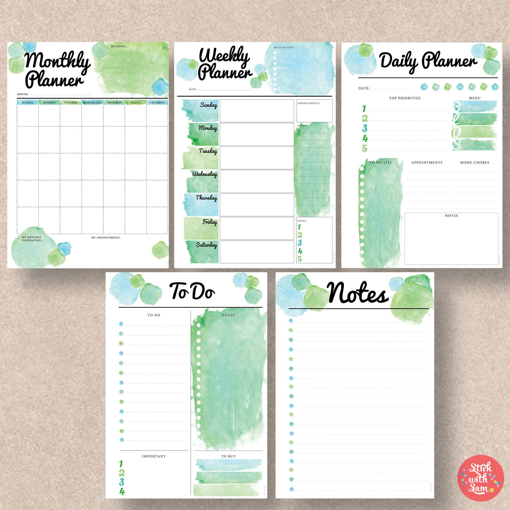 Green Printable Planner 5 Pack Sunday Start Includes: A4 | Etsy Australia