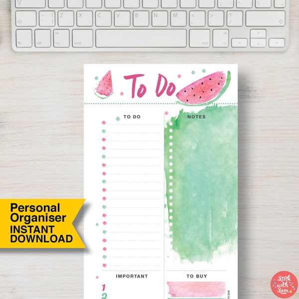 Kikki k Planner Inserts. Personal size To Do Printable Planner.  Watermelon Colorful Planner. Size = 3.75" x 6.75" (95mm x 171mm)  | #728