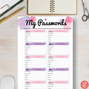 PASSWORD Pink Watercolor Printable Template. Password Form. Password List Sheet. Password Organizer. Includes: A5, A4, Letter & Half | #635