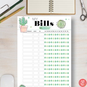 BILLS Planner. Cactus bills printable planner. Money, Finance Printable Organiser. A4, A5, Letter & Half Letter. Bills organiser | #682