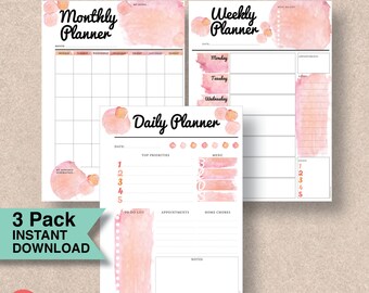 Coral and Rose Quartz Daily Planner Instant Download Printable Planner Watercolor Pack - US, Half Letter, A4 & A5 Inserts Fit Filofax | #563