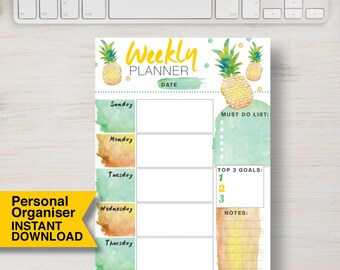 PERSONAL SIZE Weekly Pineapple printable planner fits Filofax Planner, Day Timer, Webster’s, kikki. K etc. Size: 3.75" x 6.75" | #714