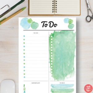 TO DO List Template Printable Planner. Colourful Watercolor Green Organizer or Inserts. Includes sizes: A4, A5, Letter & Half Letter | #666