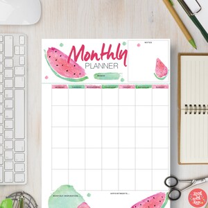 MONTHLY Printable Planner Half Sheet, Letter, A4 & A5 Page. Watermelon ...
