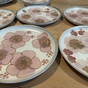May include: A set of five round ceramic plates featuring a cream-colored base with a repeating pattern of stylized pink flowers. Each flower has a textured, dotted center in shades of brown and green, and the plates have a simple, thin grey rim.