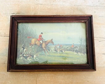 Vintage Horse and Rider Print - Framed Fox Hunt Scene (9x6.5 inches)
