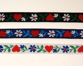 10mm Wide Czech Slovak Traditional Folk Ribbon in black, blue and white with red hearts