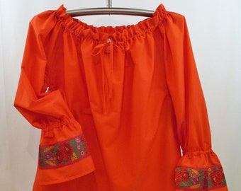 Women's Red Cotton Peasant-Style Blouse with Red Czech/Slovak Folk Ribbon