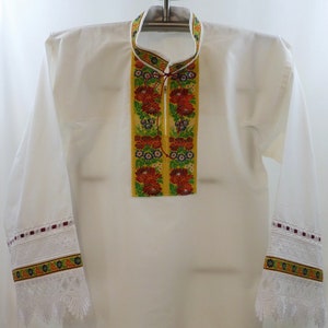 Ready-to-Wear Men&#39;s Czech/Slovak White Cotton Shirt with Yellow Traditional Folk Ribbon