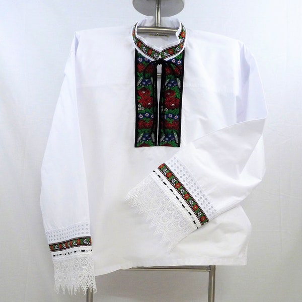 Custom Men's Czech/Slovak White Cotton Shirt with Traditional Folk  Ribbon