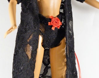 11 inch doll black lace robe, romper and strapless bra and panties