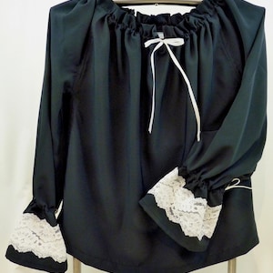 Women's Dark Navy Peasant Style Blouse with White Inset Lace