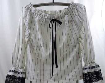 Women's White Cotton Peasant Style Blouse with Black Lace and Czech-made ribbon