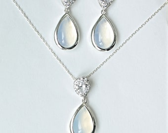Opal Bridesmaid Jewelry Set, Sterling Silver Necklace and Earrings