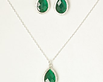 Emerald Green Necklace Earrings Set Silver, Green wedding Jewelry Set, Green Bridesmaid Earrings and Necklace Set, MP1