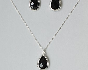 Bridesmaid Black Necklace and Earrings Set Silver, Dark Bridesmaid Set Earrings and Necklace, MP1