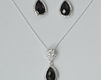 Jet Black Bridal Jewelry, Black Bridesmaid Jewelry, Necklace and Earrings Set Silver with Cubic Zirconia Sparkly Crystals, MP1