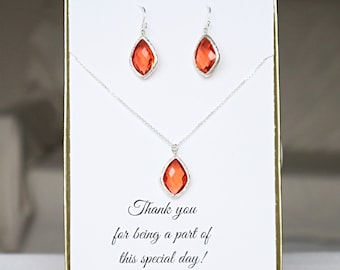 Bridesmaid Orange Necklace and Earrings Set Silver, Best Friend Bridesmaid Gift Ideas, Orange Bridesmaid Set Earrings and Necklace, MP1