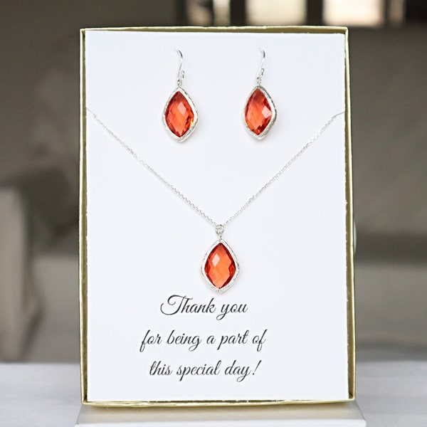 Bridesmaid Orange Necklace and Earrings Set Silver, Best Friend Bridesmaid Gift Ideas, Orange Bridesmaid Set Earrings and Necklace, MP1