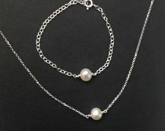 Freshwater Pearl Necklace and Bracelet SET in Sterling Silver