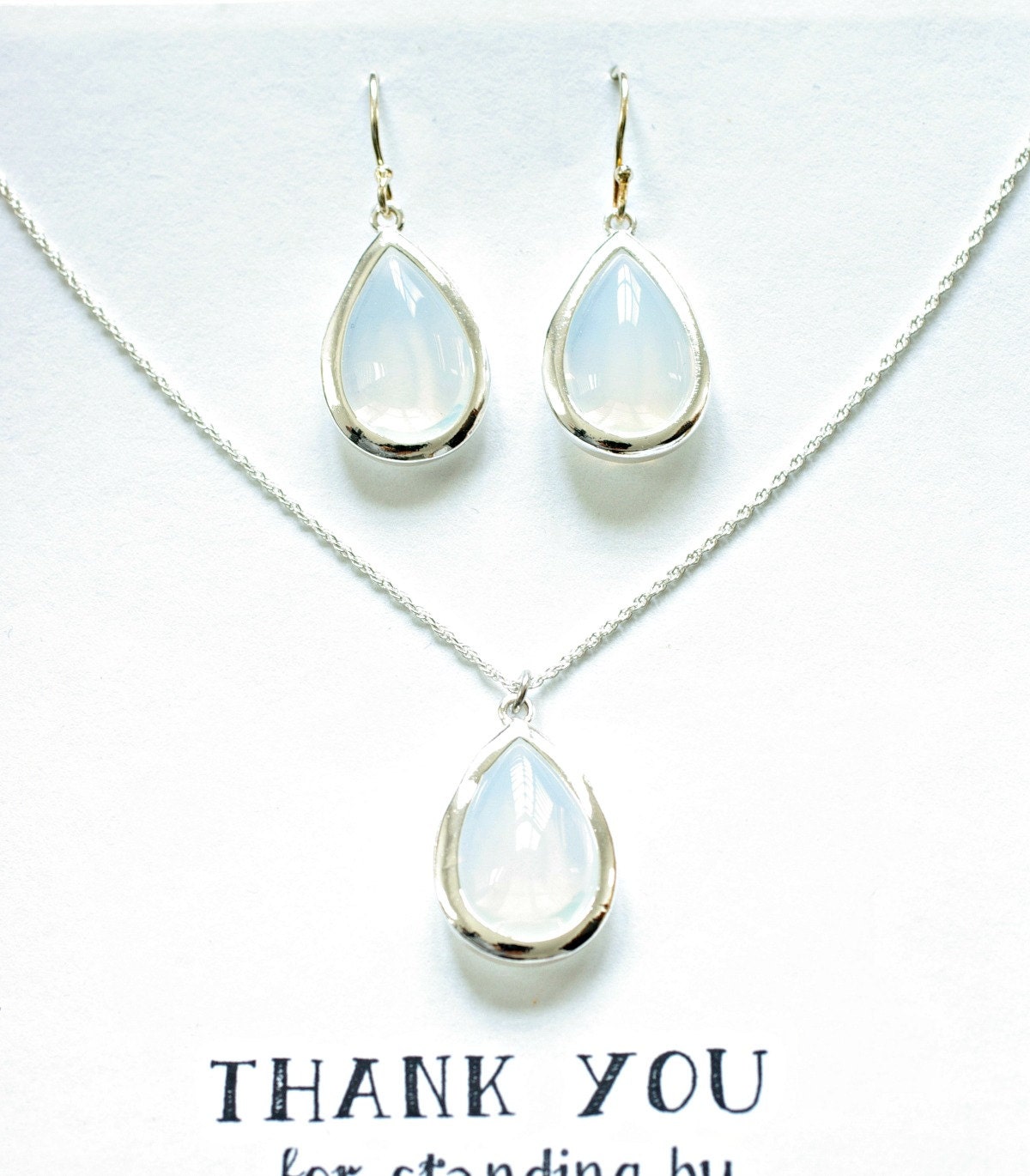 Opal Necklace and Earrings Set Bridesmaid Silver Necklace Earrings Set