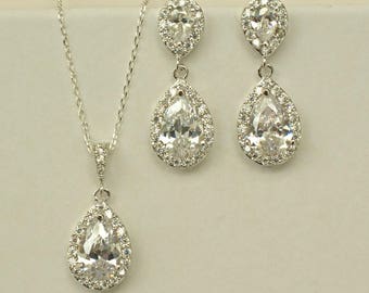 Crystal Wedding Jewelry Set: Sterling Silver Necklace and Earrings