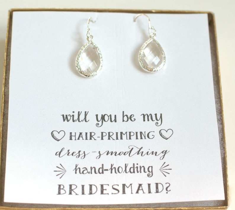 Sterling Silver Earrings, Silver Crystal Earrings, Quote Earrings, Silver Drop Earring, Crystal Drop Earrings, Crystal Bridal Earrings, ES1 image 1