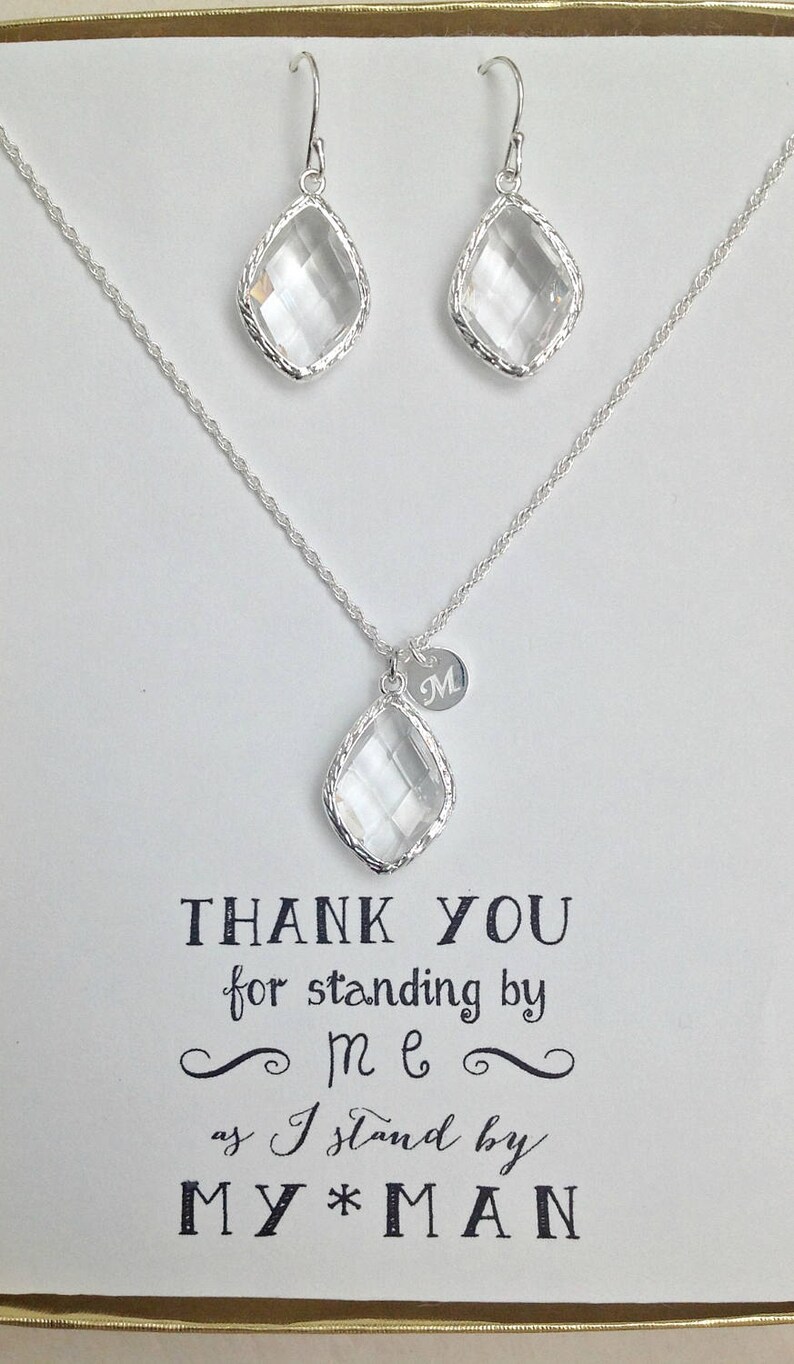 Clear Crystal Necklace Earrings Set, Silver initial Necklace Clear Crystal Earrings Set, Clear Crystal Jewelry Sets for Bridesmaids, TS1 image 2