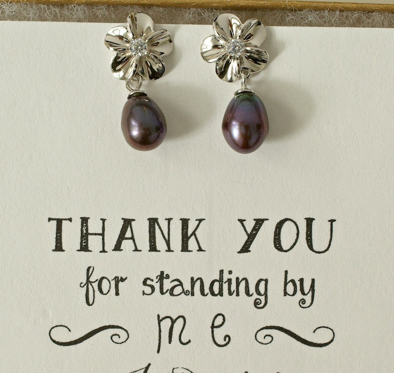 Freshwater Pearl Earrings Black Pearl Earrings Flower Earrings Sterling Silver Plumeria Earrings Bridesmaid Pearl Earrings ES1