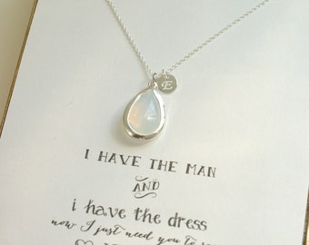 Bridesmaid White Opal Necklace with initial, Sterling Silver Bridesmaid White Stone Necklace, Bridesmaid Proposal Jewelry - HP1