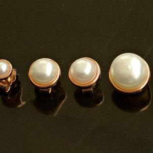 Rose Gold Pearl Stud Earrings Bridesmaids, Rose Gold Vermeil Sterling Silver, Freshwater Pearl Rose Gold Bezel Set Studs, 4mm, 6mm, 8mm, ES1